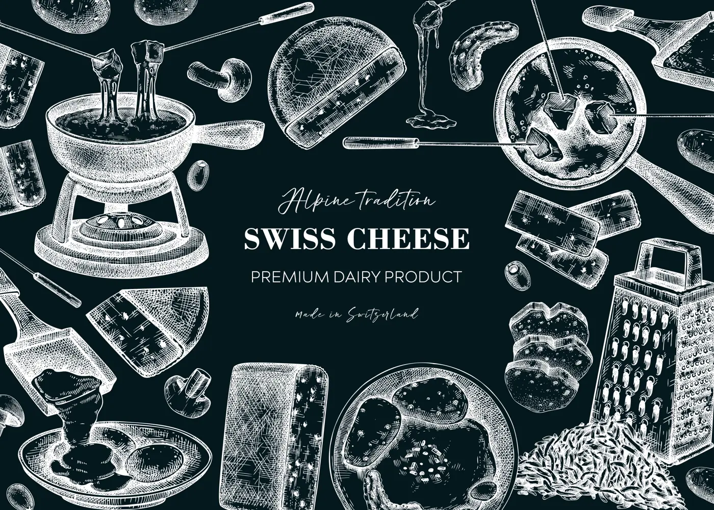 Swiss cheese hand drawn vector illustration. Vintage food background. Fondue and raclette sketches. Perfect restaurant menu, packaging, or prints. NOT AI generated Illustration